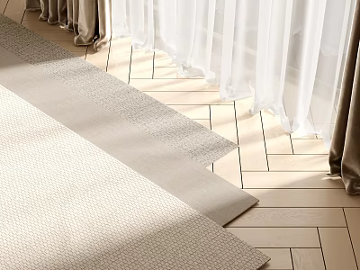 Square Rug on Wooden Floor with White Curtains and Sunlight in Room Interior 3d model