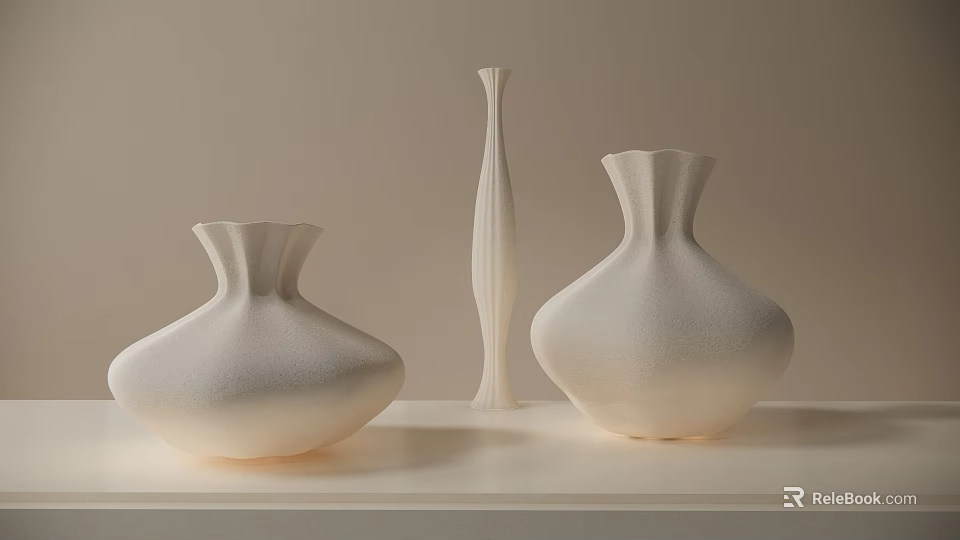 Three White Textured Vases Displayed On Light Colored Countertop With Beige Background 3d model
