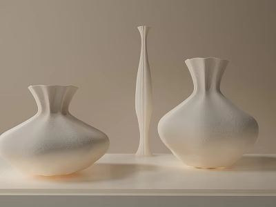 Three White Textured Vases Displayed On Light Colored Countertop With Beige Background 3d model