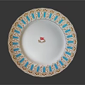 Elegant White Dinner Plate With Blue Gold Decorative Rim And Floral Center Design