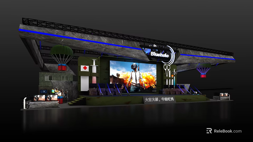 Modern Exhibition Booth Design with Large Screen Game Scenes and Lighting Effects 3d model