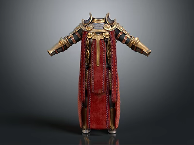 Ancient Battle Armor With Red Cape Golden Shoulder Decor And Ornate Details 3d model