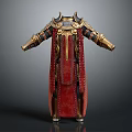 Ancient Battle Armor With Red Cape Golden Shoulder Decor And Ornate Details