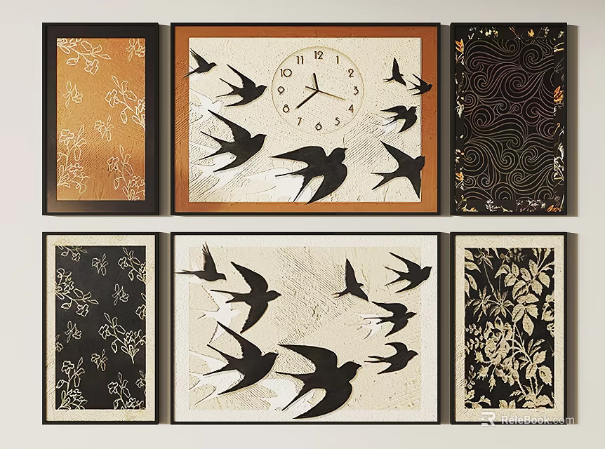 Decorative Wall Art Collection with Swallows Clock and Floral Patterns Six Framed Paintings 3d model 