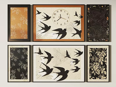 Decorative Wall Art Collection with Swallows Clock and Floral Patterns Six Framed Paintings 3d model