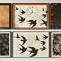 Decorative Wall Art Collection with Swallows Clock and Floral Patterns Six Framed Paintings