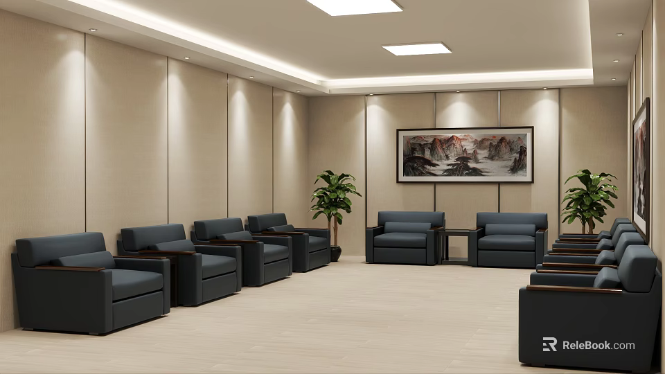 Hotel Public Lounge Area With Dark Sofas Side Tables Green Plants And Decorative Painting 3d model 