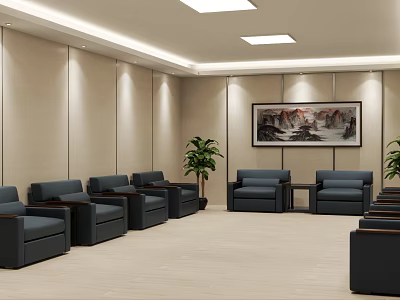 Hotel Public Lounge Area With Dark Sofas Side Tables Green Plants And Decorative Painting 3d model