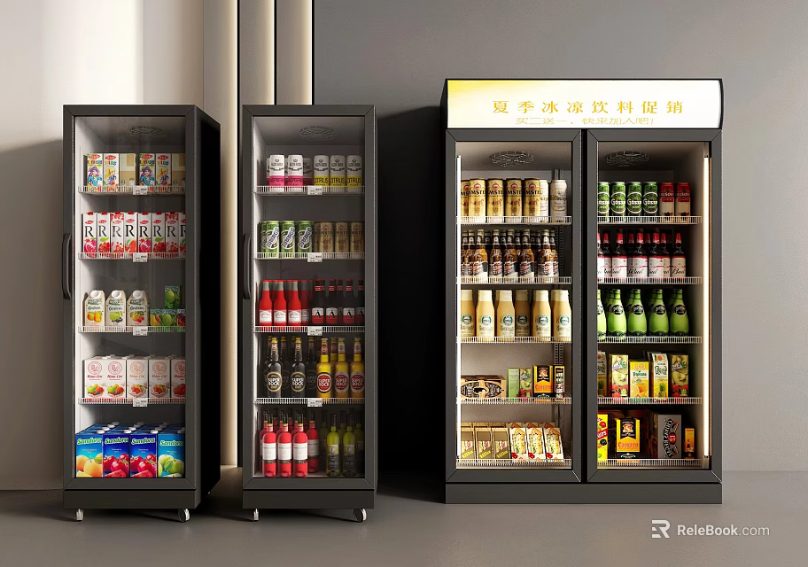 Commercial Double Door Display Refrigerators With Bottled Beverages On Organized Shelves 3d model 