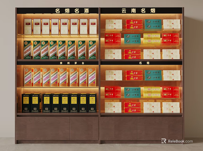 Illuminated Display Shelves for Retail Store with Organized Alcohol and Cigarette Products 3d model 