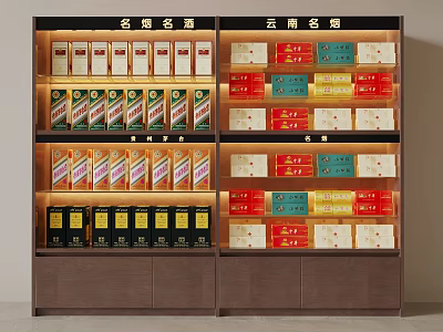 Illuminated Display Shelves for Retail Store with Organized Alcohol and Cigarette Products 3d model