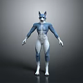Anthropomorphic Wolf Character With Blue And White Fur Standing In Muscular Stance