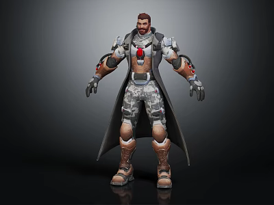 3D Male Armored Sci Fi Character With Long Coat Mechanical Arms And Tech Details 3d model