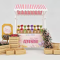 Floral Display With Red And White Striped Stall Colorful Bouquets And Wooden Crates