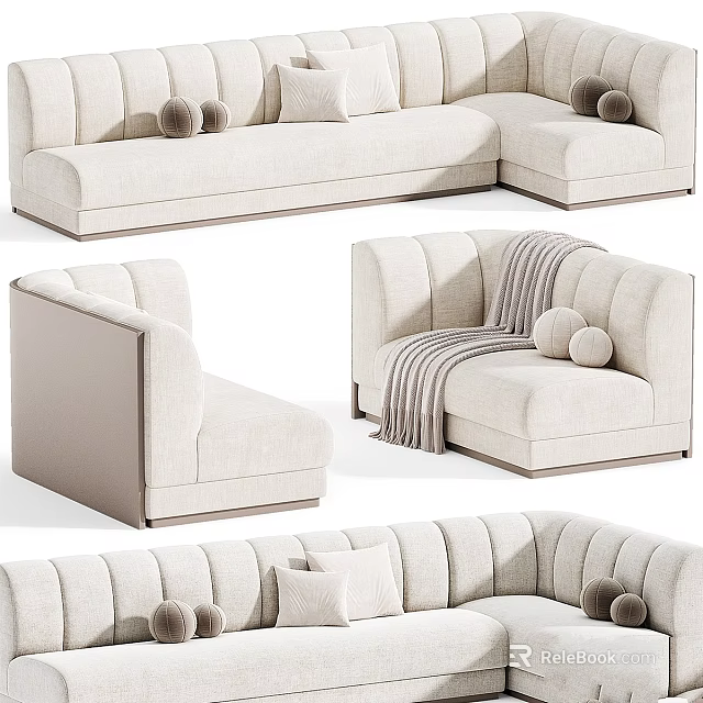Beige Sofa Design With Soft Pillows And Striped Blanket Shown In Various Angles 3d model