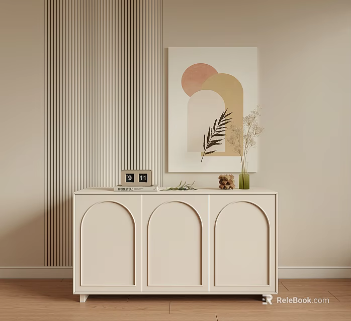 Modern Beige Foyer Cabinet And Side Cabinet With Arched Doors Decorative Painting And Vase 3d model 
