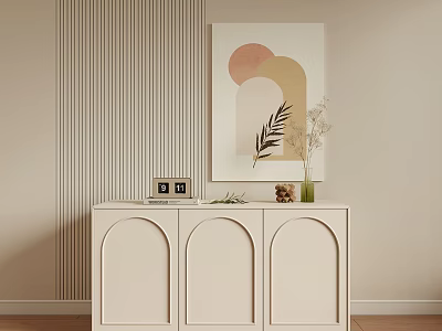 Modern Beige Foyer Cabinet And Side Cabinet With Arched Doors Decorative Painting And Vase 3d model