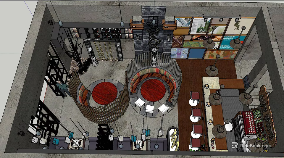 Modern Industrial Restaurant Interior With Circular Booths Wooden Tables And Wall Art 3d model 