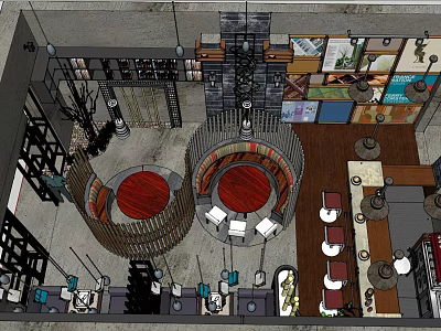 Modern Industrial Restaurant Interior With Circular Booths Wooden Tables And Wall Art 3d model