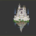 Cartoon Fantasy Floating Castle With Purple Gold Towers Blue Spires And Green Vegetation
