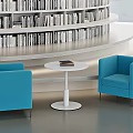 Modern Library Interior With Curved Bookshelves And Scenic View