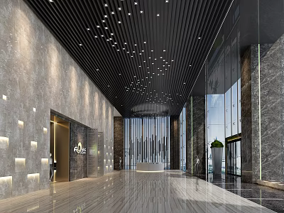 Modern Hotel Reception Lobby With Marble Walls Ceiling Design Large Windows And Green Plants 3d model