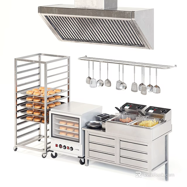Stainless Steel Commercial Kitchenware Equipment Featuring Hanging Utensils Baking Racks And Workbench Oven 3d model 