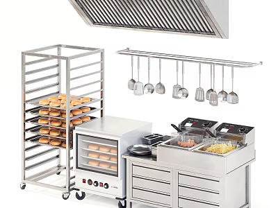 Stainless Steel Commercial Kitchenware Equipment Featuring Hanging Utensils Baking Racks And Workbench Oven 3d model