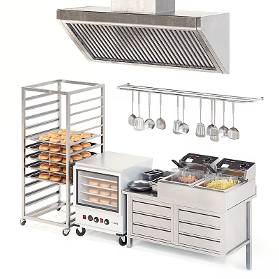 Stainless Steel Commercial Kitchenware Equipment Featuring Hanging Utensils Baking Racks And Workbench Oven 3d model