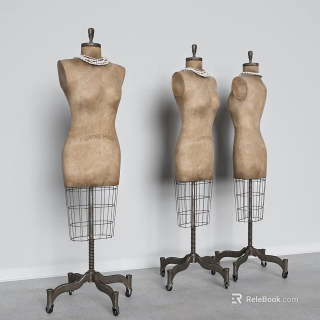 Vintage Mannequin Torso Bodies With Metal Wire Grid Bases And Pearl Necklaces 3d model 