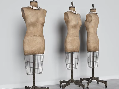 Vintage Mannequin Torso Bodies With Metal Wire Grid Bases And Pearl Necklaces 3d model