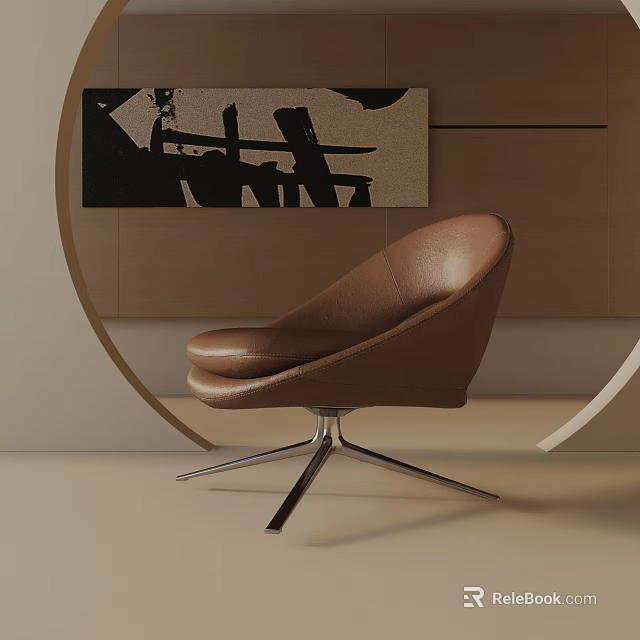 Brown Leather Leisure Chair With Curved Design And Metal Base In Modern Room With Abstract Painting 3d model 