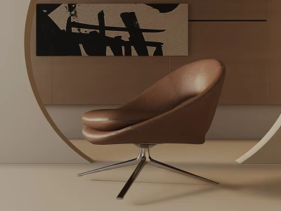 Brown Leather Leisure Chair With Curved Design And Metal Base In Modern Room With Abstract Painting 3d model
