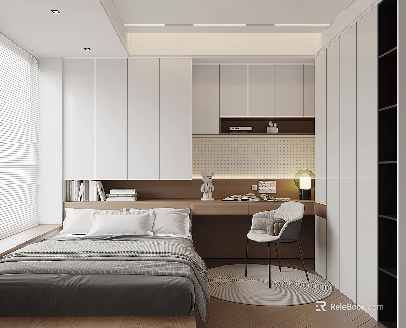 Minimalist Tatami Bedroom Interior With Tatami Bed Desk And Storage Cabinets 3d model 
