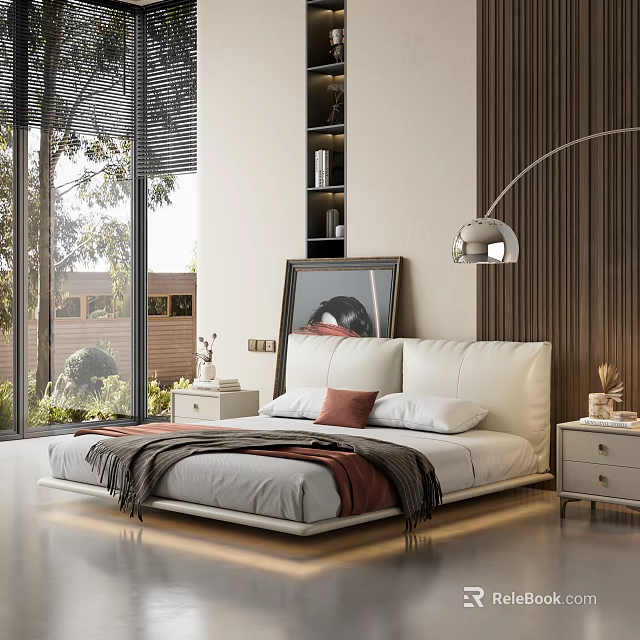 Double Bed with White Leather Headboard Sheets Red Pillow Gray Blanket Nightstands Floor Lamp Window 3d model 