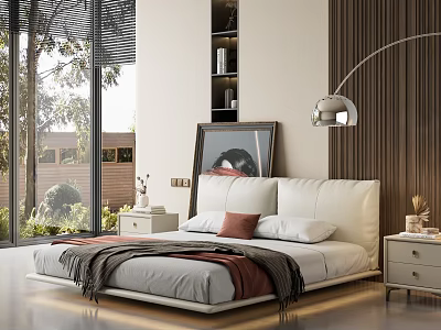Double Bed with White Leather Headboard Sheets Red Pillow Gray Blanket Nightstands Floor Lamp Window 3d model