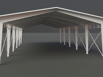 Modern Outdoor Canopy With White Metal Frame Sloped Roof And Multiple Supporting Pillars 3d model