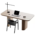 Modern Wooden Desk With Laptop Headphones Table Lamp And Black Chair