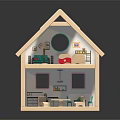 Wooden Toy House With Two Story Structure Detailed Interior Round Window And Colorful Furniture