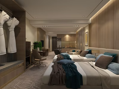 Modern Hotel Guest Room With Twin Beds Cozy Pillows Blankets Wooden Walls And Bathrobes 3d model