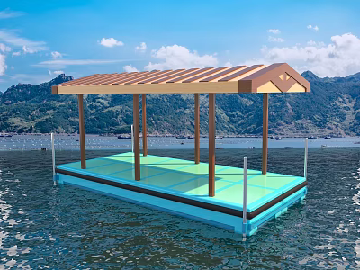 Floating Platform with Wooden Pergola Roof on Water and Mountain View Cloudy Sky 3d model