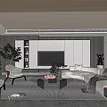 Modern Living Room Interior Design With L shaped Sofa Armchairs Coffee Table TV Cabinet And Green Plants