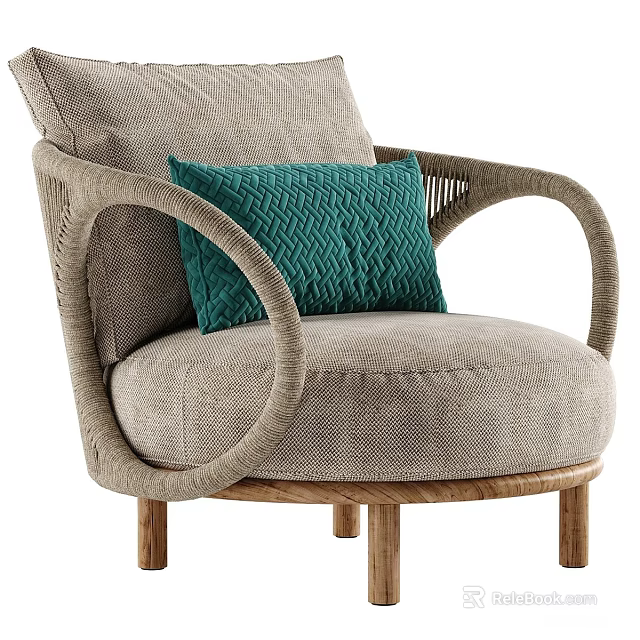 Stylish Single Sofa With Rattan Armrests Light Gray Fabric Green Woven Cushion And Wooden Legs 3d model 