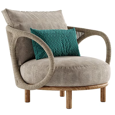 Stylish Single Sofa With Rattan Armrests Light Gray Fabric Green Woven Cushion And Wooden Legs 3d model