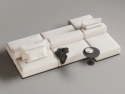 White Sectional Multi Person Sofa With Soft Cushions Throw Blanket And Round Side Table 3d model