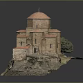 Ancient Stone Church With Red Domes Multiple Roofs Cross And Rocky Green Base