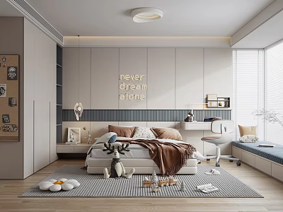 Modern Kids Room With Cozy Bed Deer Toy Storage Cabinets And Never Dream Alone Quote 3d model