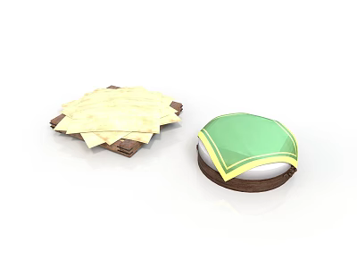 Yellow Pastry Slices On Brown Tray And Round Box With Green Lid And Yellow Trim 3d model