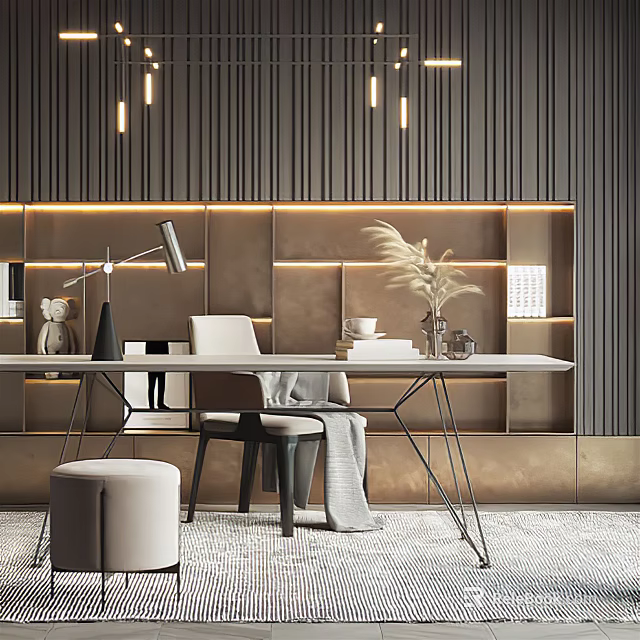 Modern Study Room With Wooden Paneled Walls Desk Lamp Chair And Pampas Grass 3d model 
