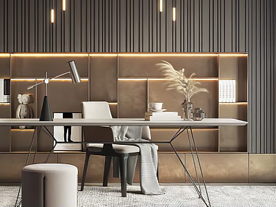 Modern Study Room With Wooden Paneled Walls Desk Lamp Chair And Pampas Grass 3d model